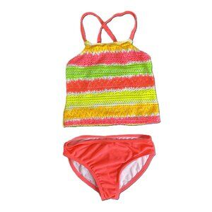 OP Girl's 2-Piece Crochet Top Cross-Back Pink Striped Bikini, Size XS (4-5)